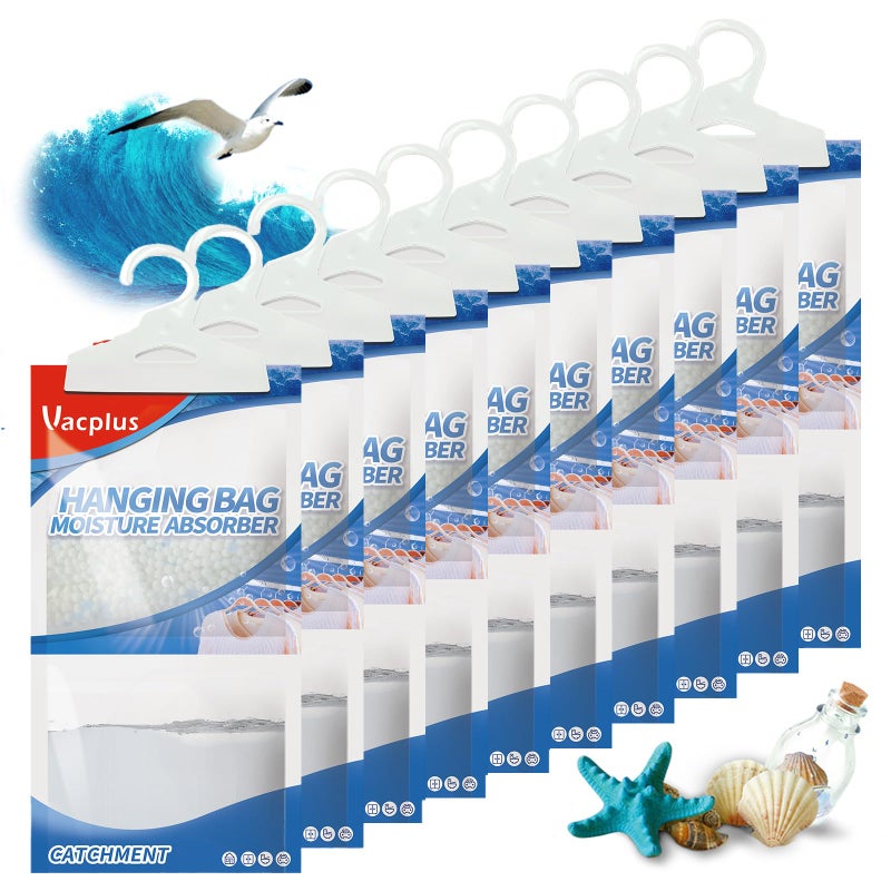 Vacplus Moisture Absorbers Hanging Closet Dehumidifier Bags Humidity Packs Desiccant Closet Dehumidifiers with Ocean Breeze Fragrance 10 Pack 98 OZ